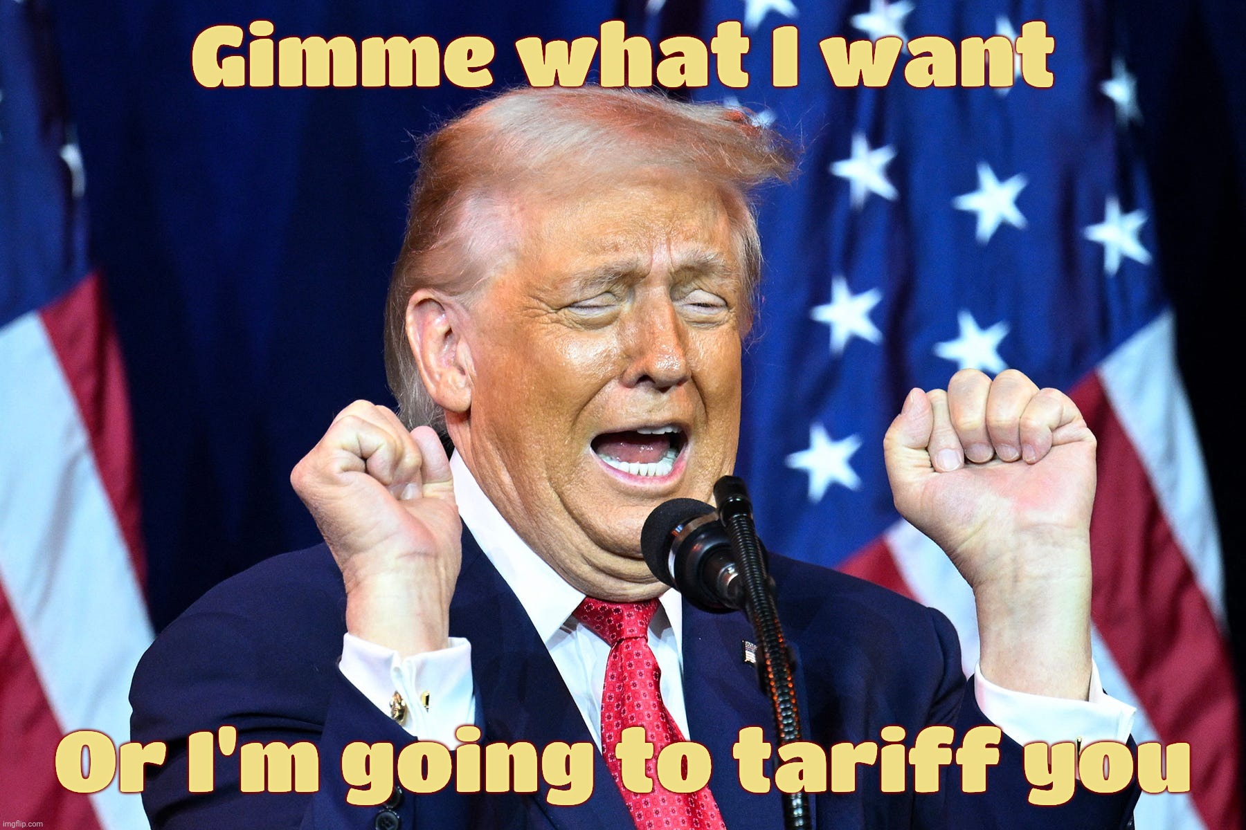 Gimme gimme gimme | Gimme what I want Or I'm going to tariff you | image tagged in trump,trump tantrum,trump tantrum tariffs,gimme gimme gimme,i need some more,spoiled brat | made w/ Imgflip meme maker