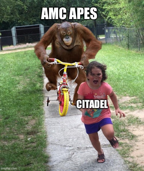 Apes together strong | AMC APES; CITADEL | image tagged in orangutan chasing girl on a tricycle,amc,apes together strong,hedgehog,doomed,stonks | made w/ Imgflip meme maker