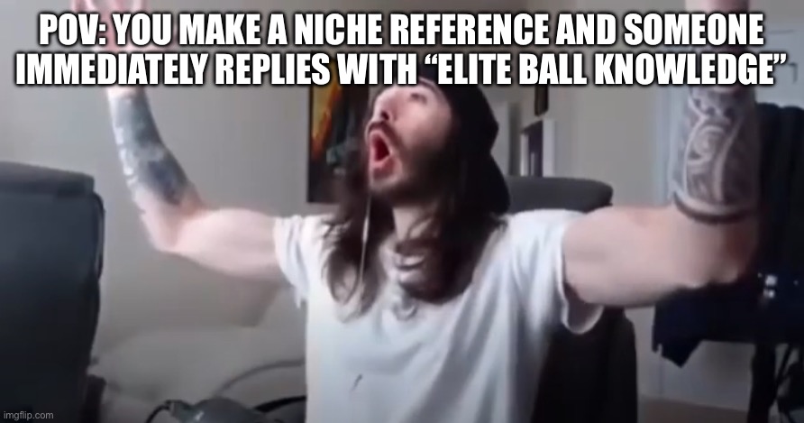 When people actually get your jokes | POV: YOU MAKE A NICHE REFERENCE AND SOMEONE IMMEDIATELY REPLIES WITH “ELITE BALL KNOWLEDGE” | image tagged in woo yeah baby thats what we've been waiting for,reference,reply | made w/ Imgflip meme maker