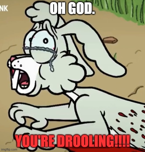 TripTank Rabbit: Oh God. YOU'RE DROOLING!!!! | OH GOD. YOU'RE DROOLING!!!! | image tagged in rabbit,hare,crying,sad,tears,triptank | made w/ Imgflip meme maker