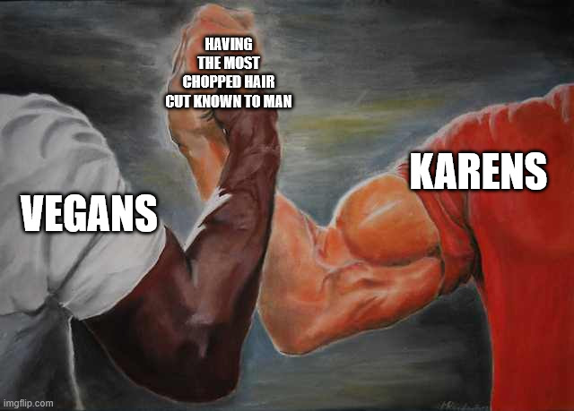 Arm wrestling meme template | HAVING THE MOST CHOPPED HAIR CUT KNOWN TO MAN; KARENS; VEGANS | image tagged in arm wrestling meme template | made w/ Imgflip meme maker