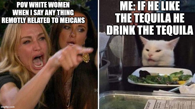 Karen vs Table Cat | ME: IF HE LIKE THE TEQUILA HE DRINK THE TEQUILA; POV WHITE WOMEN WHEN I SAY ANY THING REMOTLY RELATED TO MEICANS | image tagged in karen vs table cat | made w/ Imgflip meme maker
