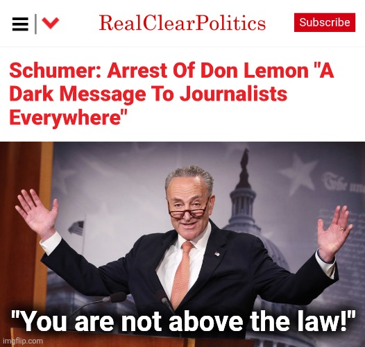 Not the message Chuckie believes | "You are not above the law!" | image tagged in chuck schumer,memes,don lemon,democrats,hypocrisy,above the law | made w/ Imgflip meme maker