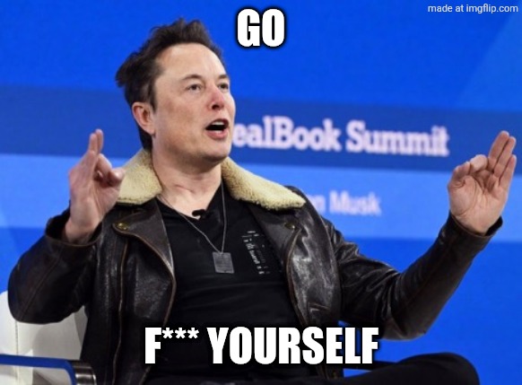 Elon Musk Go F Yourself | GO F*** YOURSELF | image tagged in elon musk go f yourself | made w/ Imgflip meme maker