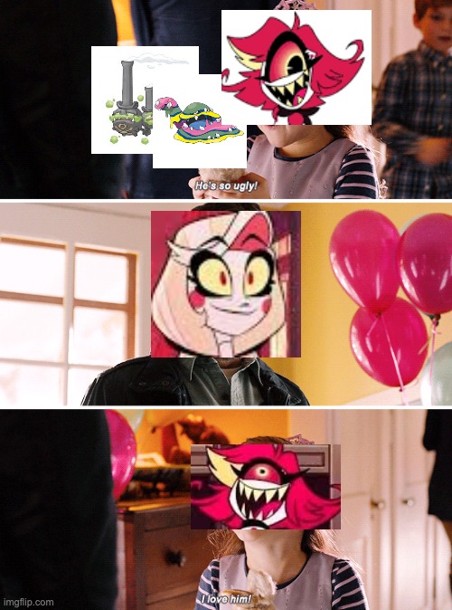 The Weezing is named Febreze and the Muk is named Oxi-Clean | image tagged in he's so ugly i love it,hazbin hotel,pokemon | made w/ Imgflip meme maker