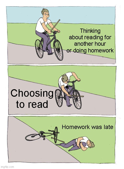 Opportunity cost | Thinking about reading for another hour or doing homework; Choosing to read; Homework was late | image tagged in memes,bike fall | made w/ Imgflip meme maker