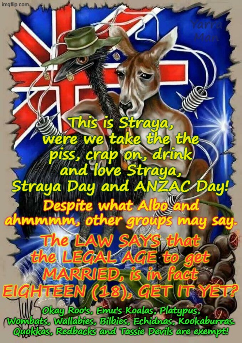 Whilst Albo / Labor / Far Left n OTHER GROUPS, may disagree this is AUSTRALIA and the LEGAL AGE to GET MARRIED is EIGHTEEN! | Yarra Man; This is Straya, were we take the the piss, crap on, drink and love Straya, Straya Day and ANZAC Day! Despite what Albo and ahmmmm, other groups may say. The LAW SAYS that the LEGAL AGE to get MARRIED, is in fact EIGHTEEN (18), GET IT YET? Okay Roo's, Emu's Koalas, Platypus, Wombats, Wallabies, Bilbies, Echidnas, Kookaburras. Quokkas, Redbacks and Tassie Devils are exempt! | image tagged in ultra far left,greens teals labor,self gratification by proxy,woke virtue signalling,muslims islam,albanese | made w/ Imgflip meme maker