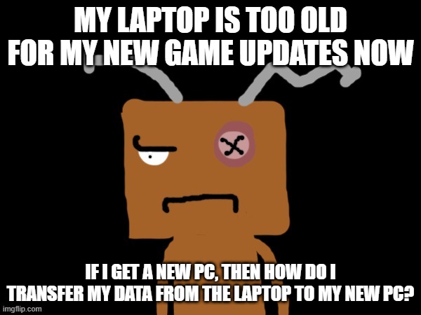Bruh... | MY LAPTOP IS TOO OLD FOR MY NEW GAME UPDATES NOW; IF I GET A NEW PC, THEN HOW DO I TRANSFER MY DATA FROM THE LAPTOP TO MY NEW PC? | image tagged in frankendoll bruh,bruh,old | made w/ Imgflip meme maker