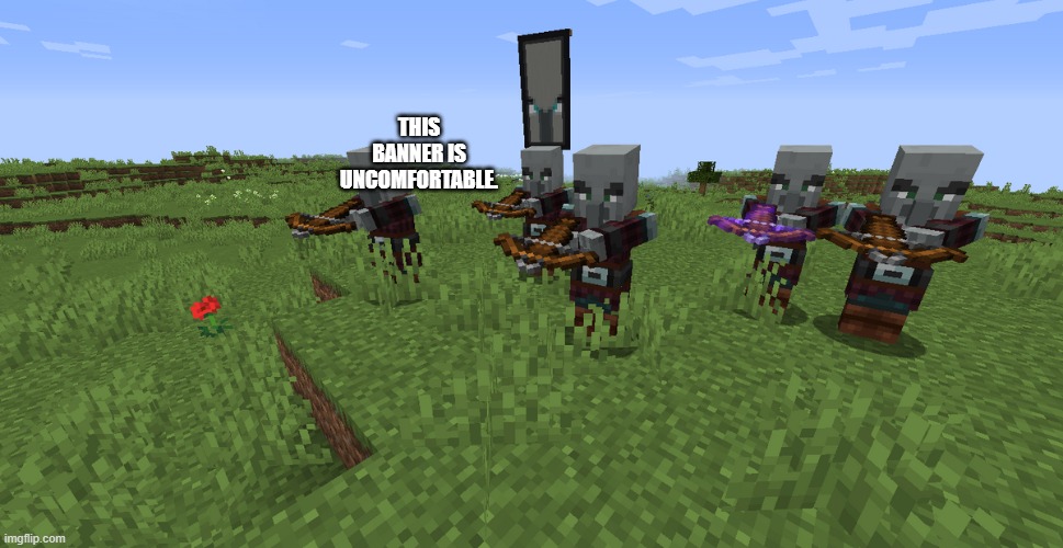 Pillager Patrol | THIS BANNER IS UNCOMFORTABLE. | image tagged in pillager patrol | made w/ Imgflip meme maker