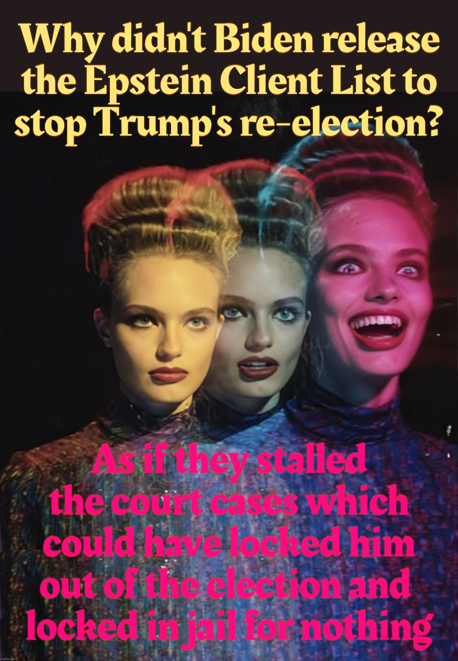 Why didn't Biden release
the Epstein Client List to
stop Trump's re-election? As if they stalled
the court cases which
could have locked him | image tagged in hardy har har ii | made w/ Imgflip meme maker