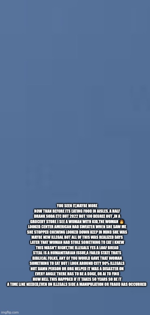 Demonrats dont believe in borders or humanitarian crisis only exist to TDS and fentonol facts | YOU SEEN IT,MAYBE MORE NOW THAN BEFORE ITS EATING FOOD IN AISLES, A HALF DRANK SODA ETC BUT 2022 HOT 100 DEGREE OUT ,IN A GROCERY STORE I SEE A WOMAN WITH KID,THE WOMAN 👩 LOOKED CENTER AMERICAN HAD SWEATER WHEN SHE SAW ME SHE STOPPED CHEWING LOOKED DOWN KEEP IN MIND SHE WAS MAYBE NEW ILLEGAL BUT ALL OF THIS WAS REALIZED DAYS LATER THAT WOMAN HAD STOLE SOMETHING TO EAT I KNEW THIS WASN'T RIGHT,THE ILLEGALS YES A LOAF BREAD STEAL IS A HUMANITARIAN ISSUE,A FAILED STATE THATS BIBLICAL FOLKS, ANY OF YOU WOULD GAVE THAT WOMAN SOMETHING TO EAT BUT I LOOK AROUND CITY 90% ILLEGALS NOT DAMN PERSON OR ORG HELPED IT WAS A DISASTER ON EVERY ANGLE THERE HAS TO BE A DOGE, OR AI TO FIND HOW HELL THIS HAPPBED IF IT TAKES 50 YEARS SO BE IT A TIME LINE NEEDED,EVEN ON ILLEGALS SIDE A MANIPULATION OR FRAUD HAS OCCURRED | image tagged in wtf,store | made w/ Imgflip meme maker