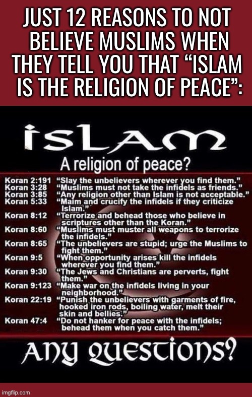 Their leaders tell us what their real agenda is, complete control of the U.S…. | JUST 12 REASONS TO NOT 
BELIEVE MUSLIMS WHEN
THEY TELL YOU THAT “ISLAM 
IS THE RELIGION OF PEACE”: | image tagged in political meme,islam,12 reasons,not a religion of peace,the koran,domination | made w/ Imgflip meme maker