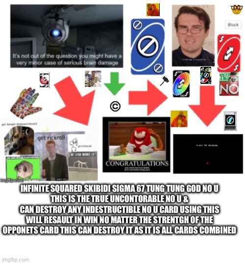 INFINITE SQUARED SKIBIDI SIGMA 67 TUNG TUNG GOD NO U
THIS IS THE TRUE UNCONTORABLE NO U & CAN DESTROY ANY INDESTRUCTIBLE NO U CARD USING THIS WILL RESAULT IN WIN NO MATTER THE STRENTGH OF THE OPPONETS CARD THIS CAN DESTROY IT AS IT IS ALL CARDS COMBINED | image tagged in blank white template | made w/ Imgflip meme maker