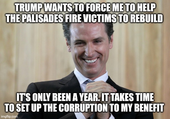 Scheming Gavin Newsom  | TRUMP WANTS TO FORCE ME TO HELP THE PALISADES FIRE VICTIMS TO REBUILD; IT'S ONLY BEEN A YEAR. IT TAKES TIME TO SET UP THE CORRUPTION TO MY BENEFIT | image tagged in scheming gavin newsom | made w/ Imgflip meme maker