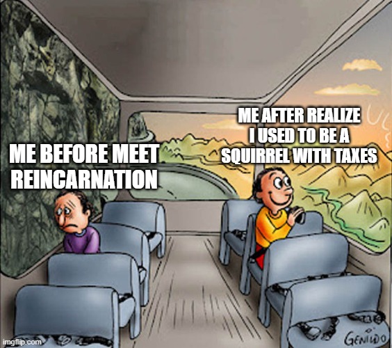 me before meet reincarnation and me after meet reincarnation: | ME AFTER REALIZE I USED TO BE A SQUIRREL WITH TAXES; ME BEFORE MEET REINCARNATION | image tagged in two guys on a bus | made w/ Imgflip meme maker