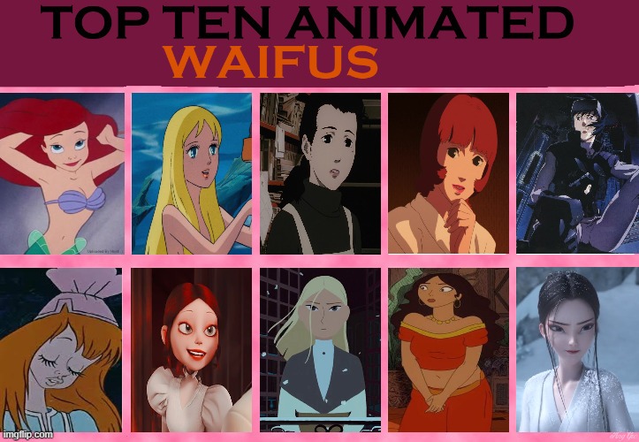 top 10 animated waifus | image tagged in top 10 waifus,top 10,fantasy,fairy tales,animated movies,around the world | made w/ Imgflip meme maker