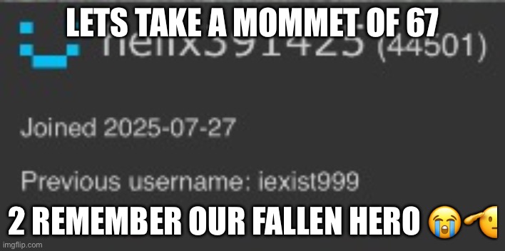 helix391425 | LETS TAKE A MOMMET OF 67; 2 REMEMBER OUR FALLEN HERO 😭🫡 | image tagged in helix391425 | made w/ Imgflip meme maker