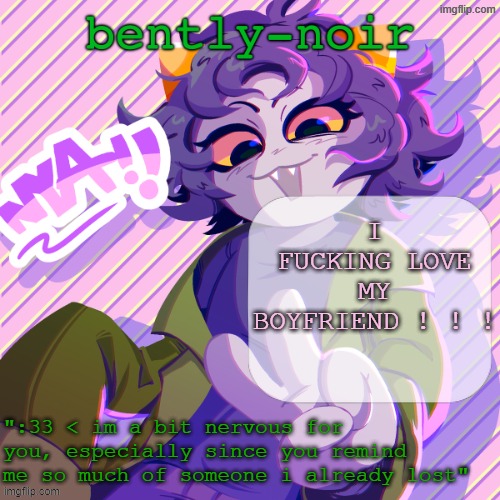 ok gn | I FUCKING LOVE MY BOYFRIEND ! ! ! | image tagged in bently-noir nepeta temp | made w/ Imgflip meme maker