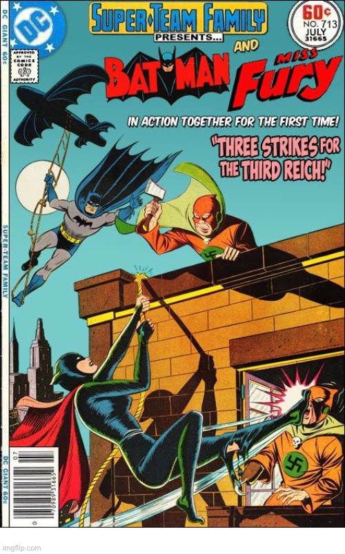 Batman in WWII action with the lovely Miss Fury | image tagged in batman,comics,miss fury,crossover,super team family,ww2 | made w/ Imgflip meme maker