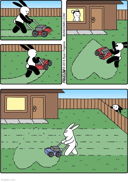 Buni Comics | image tagged in comics,buni comics,cutting grass,heart,cancelled out,angry dad | made w/ Imgflip meme maker