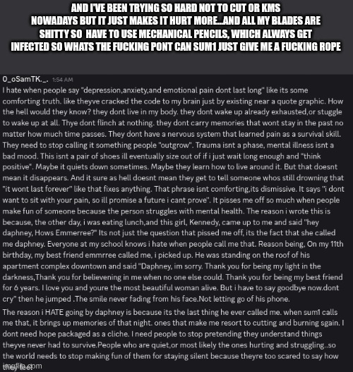 AND I'VE BEEN TRYING SO HARD NOT TO CUT OR KMS NOWADAYS BUT IT JUST MAKES IT HURT MORE...AND ALL MY BLADES ARE SHITTY SO  HAVE TO USE MECHANICAL PENCILS, WHICH ALWAYS GET INFECTED SO WHATS THE FUCKING PONT CAN SUM1 JUST GIVE ME A FUCKING ROPE | made w/ Imgflip meme maker