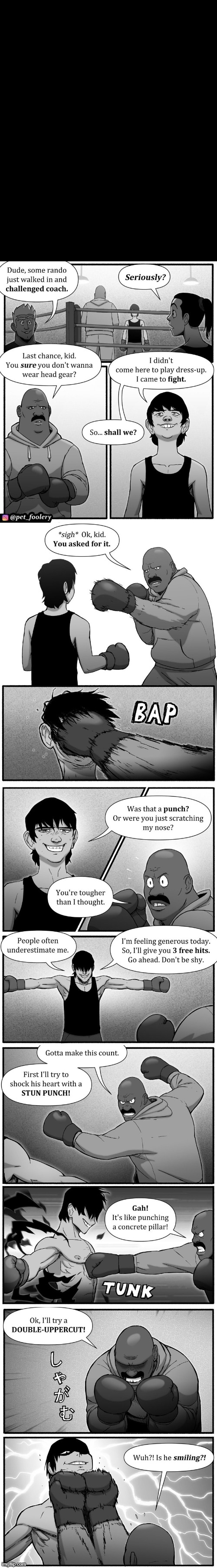 Some new comics from 'Pixie & Brutus' creator Ben Hed! (I have no idea why this comic's first panel is entirely black, BTW) | image tagged in boxing,coach,punch,punching,smiling,wait what | made w/ Imgflip meme maker