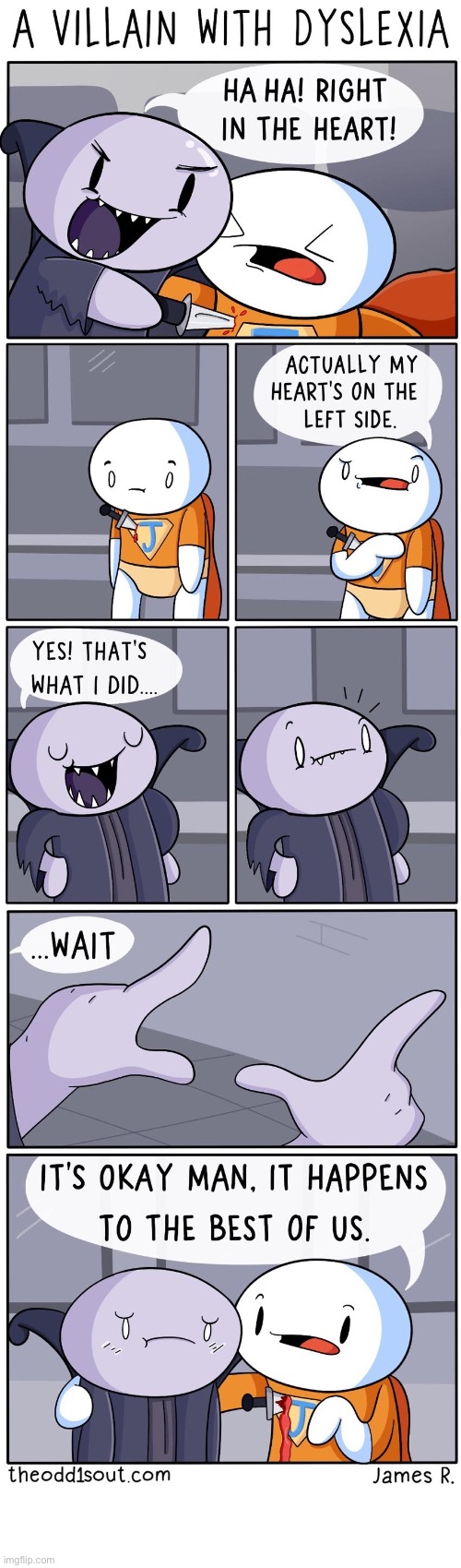 The Odd 1s Out | image tagged in comics,the odd 1s out,vampire,dyslexic,stake in the heart,its okay | made w/ Imgflip meme maker