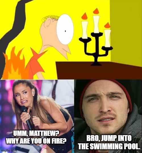 Why did i made this??? | BRO, JUMP INTO THE SWIMMING POOL. UMM, MATTHEW? WHY ARE YOU ON FIRE? | image tagged in who laughs at matthew's clothes on fire,deviantart,ariana grande,aaron paul,cartoonmania,why are you reading the tags | made w/ Imgflip meme maker