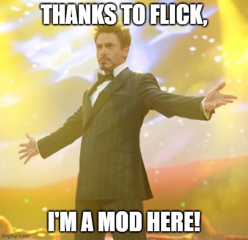 Thanks for the invite, man! And sorry about messing with the rules a bit! :) | THANKS TO FLICK, I'M A MOD HERE! | image tagged in robert downey jr iron man | made w/ Imgflip meme maker