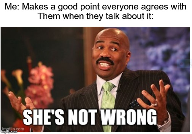 Since I had to make this meme accurate as possible, I had to add the S. No need to ask why. | Me: Makes a good point everyone agrees with
Them when they talk about it:; S | image tagged in well he's not 'wrong' | made w/ Imgflip meme maker