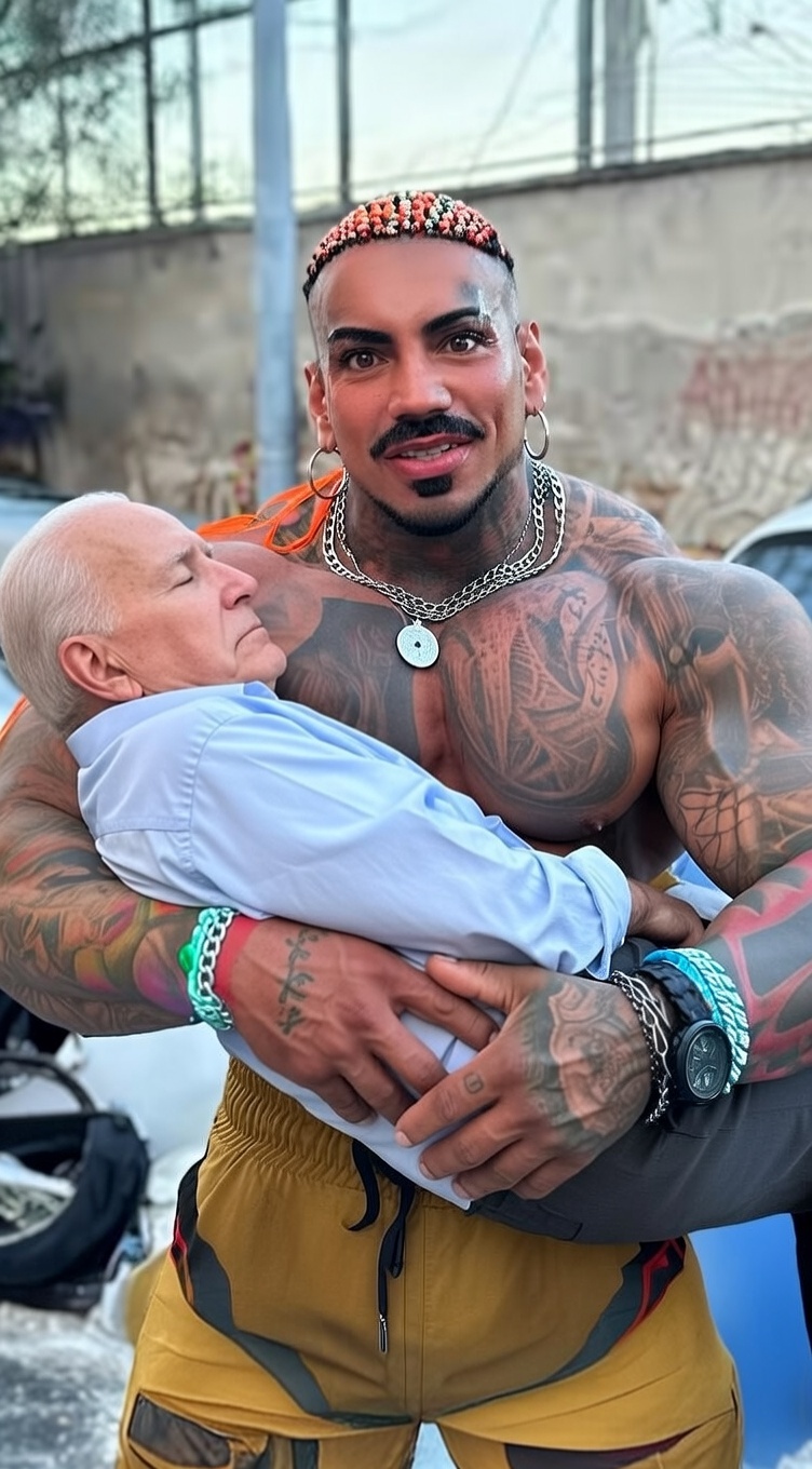 Eros Luxor holding Sleepy Joe AI image Blank Meme Template