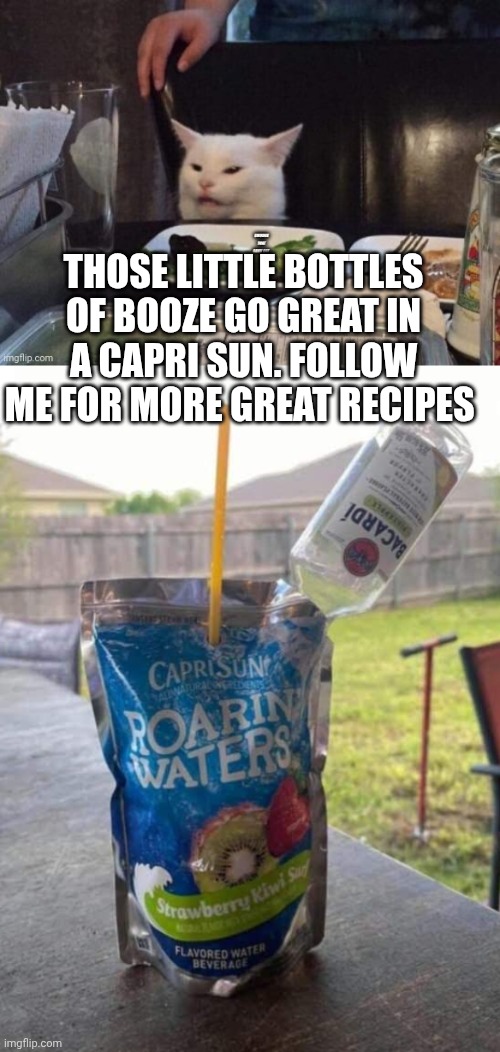 THOSE LITTLE BOTTLES OF BOOZE GO GREAT IN A CAPRI SUN. FOLLOW ME FOR MORE GREAT RECIPES | image tagged in smudge that darn cat | made w/ Imgflip meme maker