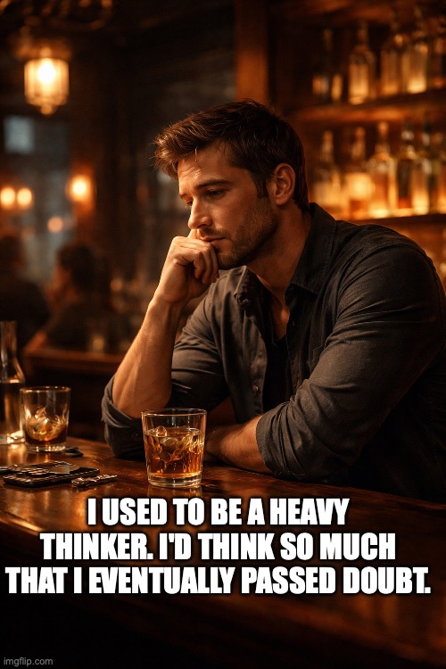DRINKING | I USED TO BE A HEAVY THINKER. I'D THINK SO MUCH THAT I EVENTUALLY PASSED DOUBT. | image tagged in bad pun | made w/ Imgflip meme maker