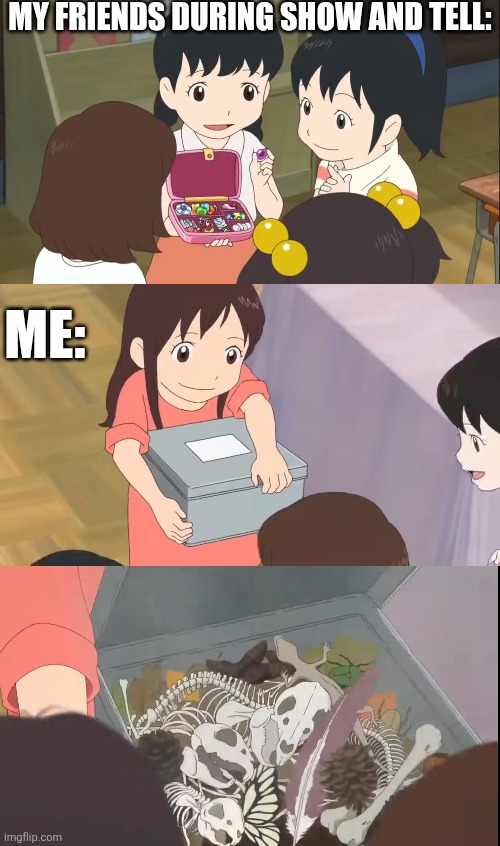 IT'S JUST NATURE STUFF | MY FRIENDS DURING SHOW AND TELL:; ME: | image tagged in anime,the wolf children,anime meme | made w/ Imgflip meme maker