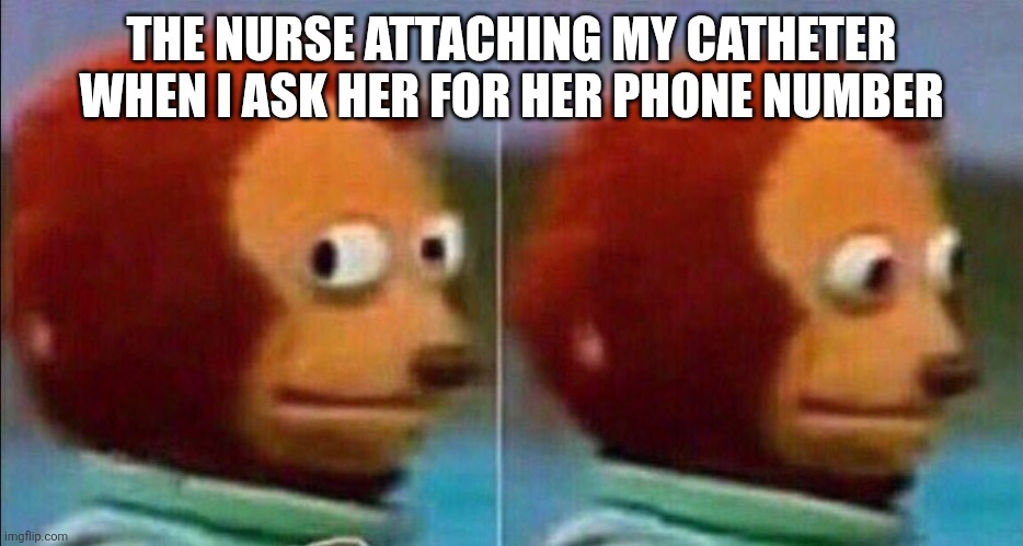 Bedside manners | THE NURSE ATTACHING MY CATHETER WHEN I ASK HER FOR HER PHONE NUMBER | image tagged in monkey looking away,nurses | made w/ Imgflip meme maker