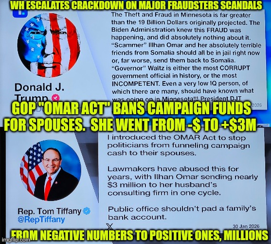 GOP "Omar Act" bans campaign funds for spouses | WH ESCALATES CRACKDOWN ON MAJOR FRAUDSTERS SCANDALS; GOP "OMAR ACT" BANS CAMPAIGN FUNDS FOR SPOUSES.  SHE WENT FROM -$ TO +$3M; FROM NEGATIVE NUMBERS TO POSITIVE ONES, MILLIONS | image tagged in ilhan omar,minnesota,fraud,campaign funds,corruption,taxpayer funds | made w/ Imgflip meme maker