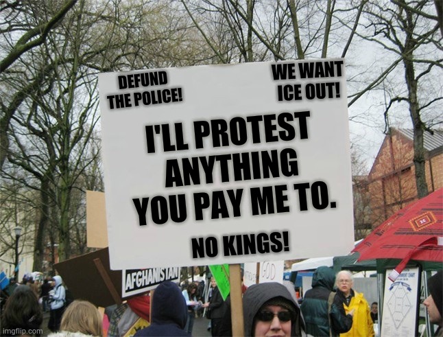 Protesters These Days | WE WANT ICE OUT! DEFUND THE POLICE! I'LL PROTEST ANYTHING YOU PAY ME TO. NO KINGS! | image tagged in blank protest sign,memes,politics,paycheck,protests,anything | made w/ Imgflip meme maker
