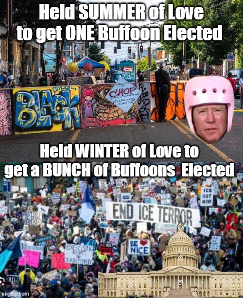 Wash, Rinse, REPEAT (worked last time) | Held SUMMER of Love to get ONE Buffoon Elected; Held WINTER of Love to get a BUNCH of Buffoons  Elected | image tagged in buffoons summer of love meme | made w/ Imgflip meme maker