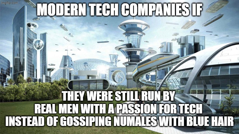 Modern tech companies if they were run by real men with a passion for tech... | MODERN TECH COMPANIES IF; THEY WERE STILL RUN BY 
REAL MEN WITH A PASSION FOR TECH 
INSTEAD OF GOSSIPING NUMALES WITH BLUE HAIR | image tagged in the future world if,technology | made w/ Imgflip meme maker