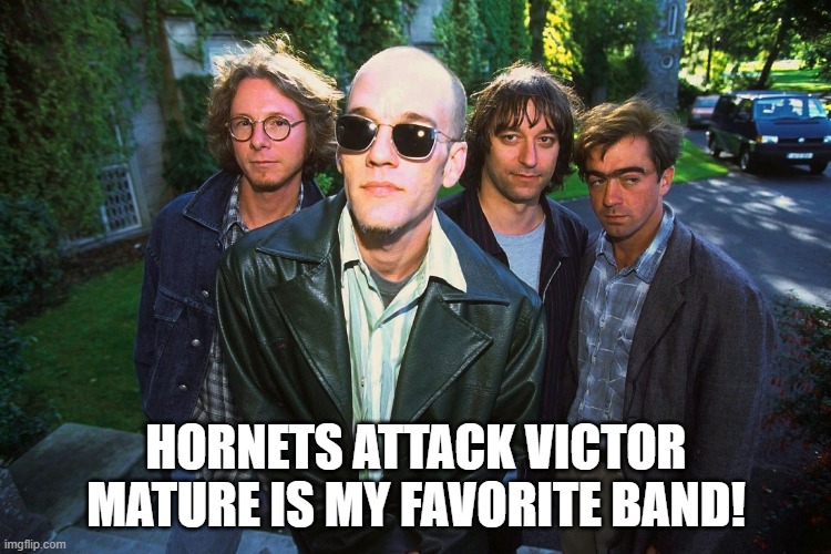 Band's Original Names: REM | HORNETS ATTACK VICTOR MATURE IS MY FAVORITE BAND! | image tagged in picture taken with r e m | made w/ Imgflip meme maker