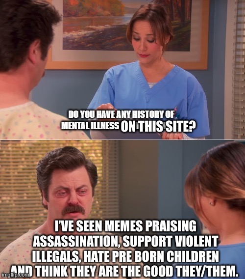 Where we are at in 2026 | ON THIS SITE? I’VE SEEN MEMES PRAISING ASSASSINATION, SUPPORT VIOLENT ILLEGALS, HATE PRE BORN CHILDREN AND THINK THEY ARE THE GOOD THEY/THEM. | image tagged in do you have any history of mental illness | made w/ Imgflip meme maker