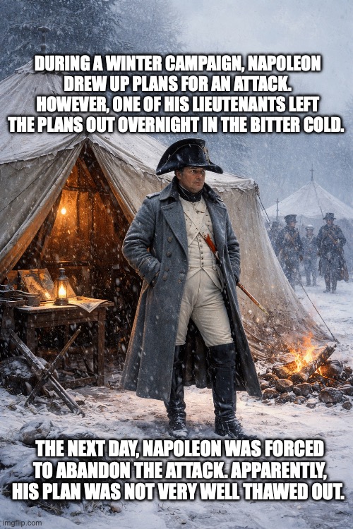 Napoleon | DURING A WINTER CAMPAIGN, NAPOLEON DREW UP PLANS FOR AN ATTACK. HOWEVER, ONE OF HIS LIEUTENANTS LEFT THE PLANS OUT OVERNIGHT IN THE BITTER COLD. THE NEXT DAY, NAPOLEON WAS FORCED TO ABANDON THE ATTACK. APPARENTLY, HIS PLAN WAS NOT VERY WELL THAWED OUT. | image tagged in bad pun | made w/ Imgflip meme maker