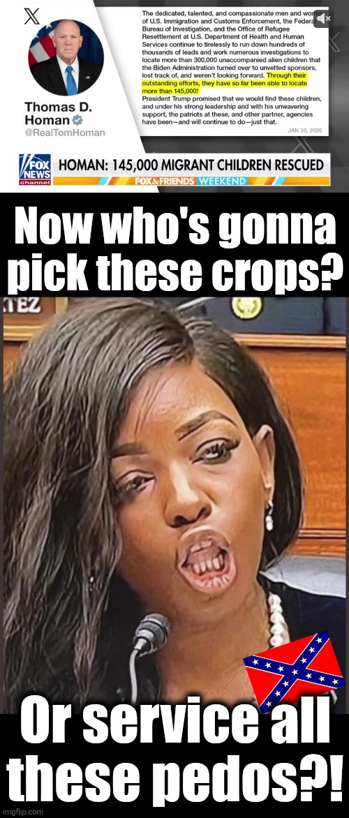 ICE rescues 145,000 children, Democrats outraged because their slaves got freed again | Now who's gonna
pick these crops? Or service all
these pedos?! | image tagged in jasmine crockett,memes,ice,children rescued,democrats,trump derangement syndrome | made w/ Imgflip meme maker
