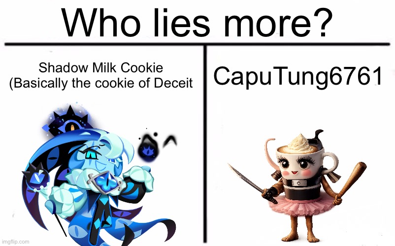 Who lies more? | Who lies more? Shadow Milk Cookie (Basically the cookie of Deceit; CapuTung6761 | image tagged in memes,who would win | made w/ Imgflip meme maker
