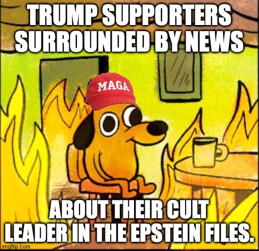 It's all Obama's fault, and what about Biden? | TRUMP SUPPORTERS SURROUNDED BY NEWS; ABOUT THEIR CULT LEADER IN THE EPSTEIN FILES. | image tagged in this is fine,maga,donald trump,jeffrey epstein,epstein files | made w/ Imgflip meme maker