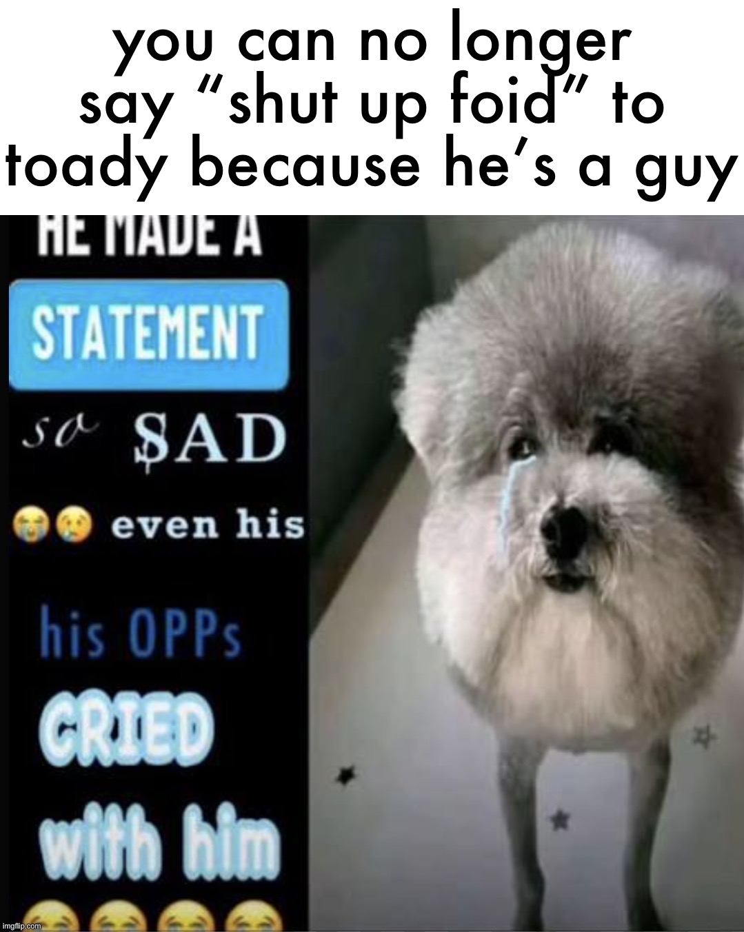 he made a statement so sad even his opps cried with him | you can no longer say “shut up foid” to toady because he’s a guy | image tagged in he made a statement so sad even his opps cried with him | made w/ Imgflip meme maker
