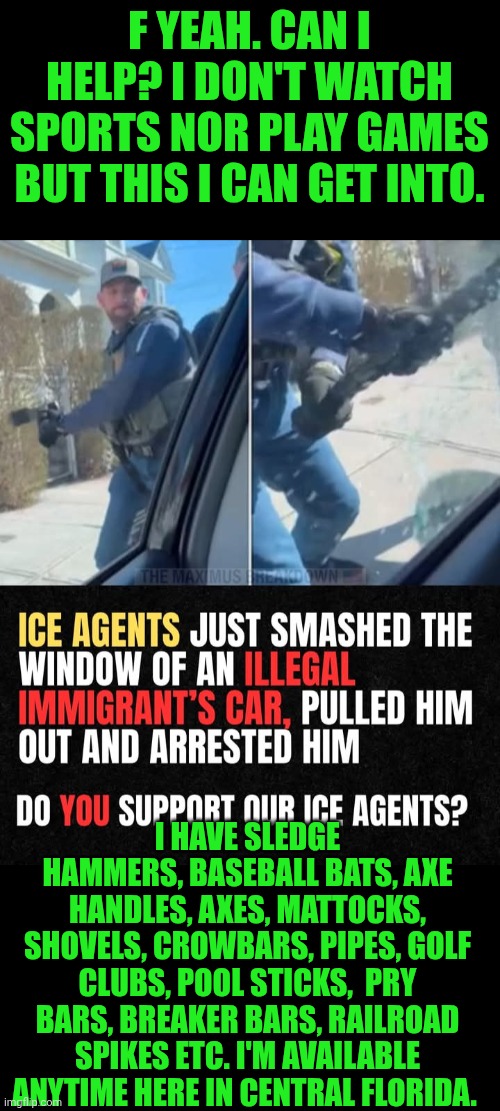 Funny | F YEAH. CAN I HELP? I DON'T WATCH SPORTS NOR PLAY GAMES BUT THIS I CAN GET INTO. I HAVE SLEDGE HAMMERS, BASEBALL BATS, AXE HANDLES, AXES, MATTOCKS, SHOVELS, CROWBARS, PIPES, GOLF CLUBS, POOL STICKS,  PRY BARS, BREAKER BARS, RAILROAD SPIKES ETC. I'M AVAILABLE ANYTIME HERE IN CENTRAL FLORIDA. | image tagged in funny,police,illegal aliens,secure the border,maga,volunteers | made w/ Imgflip meme maker
