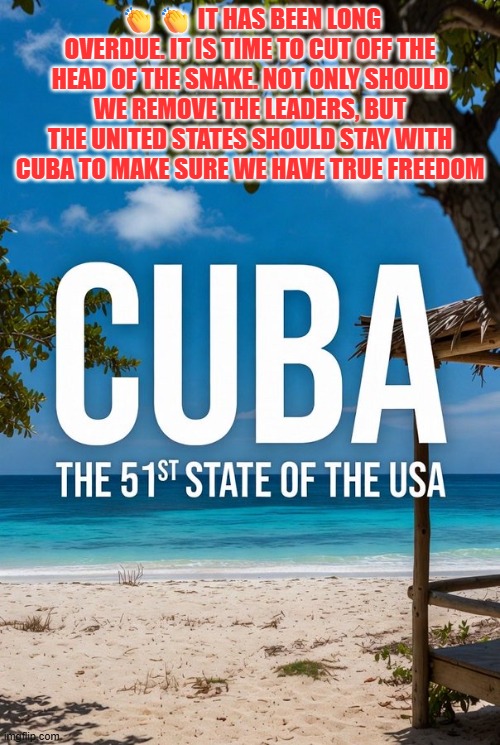 Cuba = 51st state of the union | 👏👏 IT HAS BEEN LONG OVERDUE. IT IS TIME TO CUT OFF THE HEAD OF THE SNAKE. NOT ONLY SHOULD WE REMOVE THE LEADERS, BUT THE UNITED STATES SHOULD STAY WITH CUBA TO MAKE SURE WE HAVE TRUE FREEDOM | image tagged in cuba,freedom,cuba libre,human rights,democracy | made w/ Imgflip meme maker
