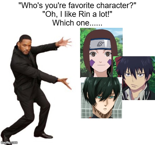 Name Meme | "Who's you're favorite character?"
"Oh, I like Rin a lot!"
Which one...... | image tagged in anime,memes,characters,naruto,name,names | made w/ Imgflip meme maker