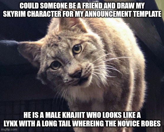 COULD SOMEONE BE A FRIEND AND DRAW MY SKYRIM CHARACTER FOR MY ANNOUNCEMENT TEMPLATE; HE IS A MALE KHAJIIT WHO LOOKS LIKE A LYNX WITH A LONG TAIL WHEREING THE NOVICE ROBES | made w/ Imgflip meme maker